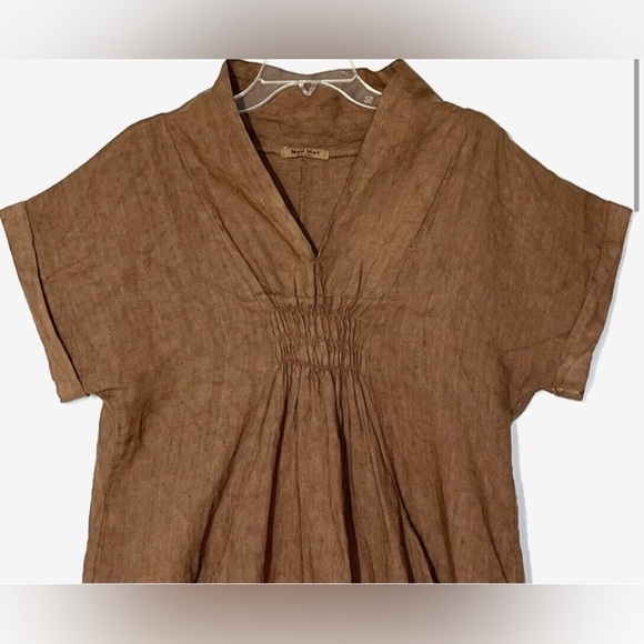 New Meo Meli Brown 100% Linen Pockets Ruched Boho Dress Sz S-
M - Made in Italy - Picture 2 of 7